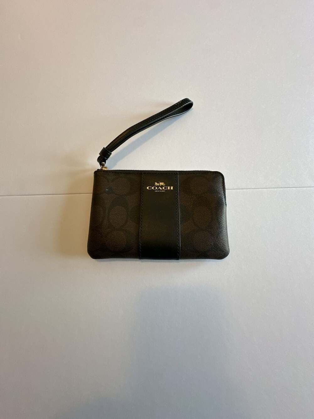 Coach Signature PVC Leather Corner Zip Wristlet Brown Black